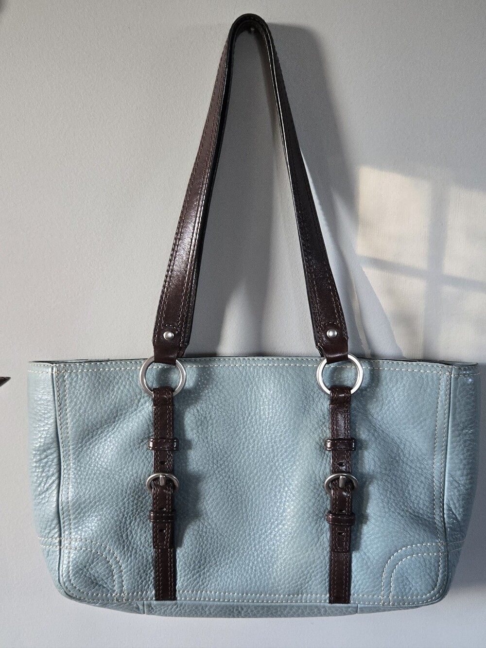 Coach Blue Leather Shoulder Tote with Dark Brown Straps